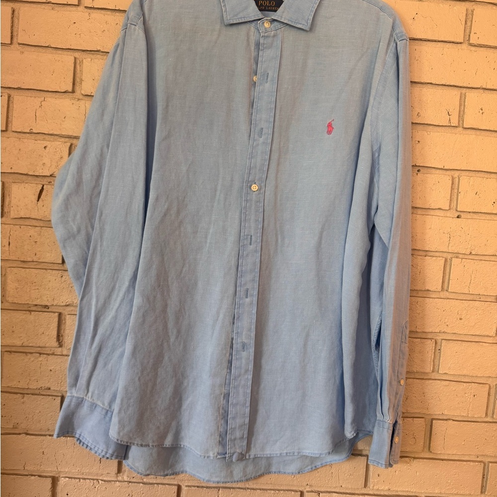 Vintage linen Polo by Ralph Lauren Men's Sky Blue Button-Down Shirt XL